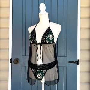 Oakland Athletics mesh Lace Babydoll Lingerie Set w/G-string black and green